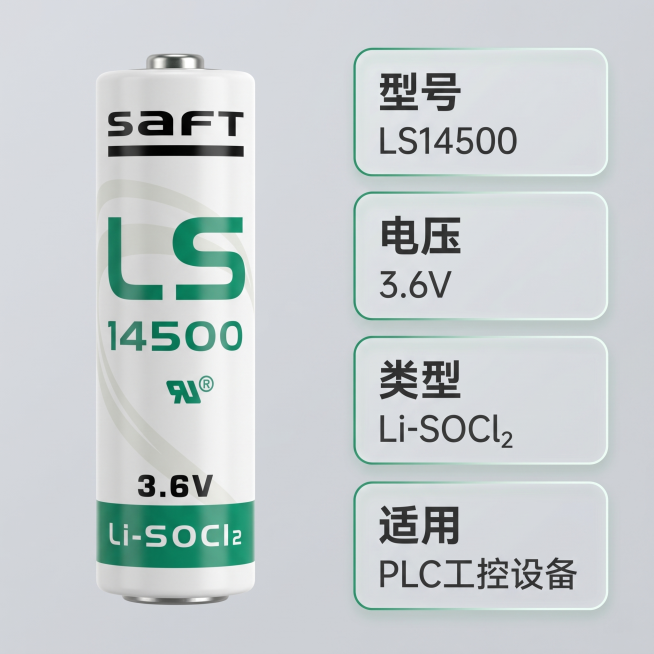 [主图-2] SAFT LS14500锂电池核心参数展示主图。
[氛围风格] 专业3C数码工业风，清晰通透
[画质] 商业摄影质感，参数文字清晰可读，产品细节真实，画面干净高级
[元素] 使用Bent预览效果