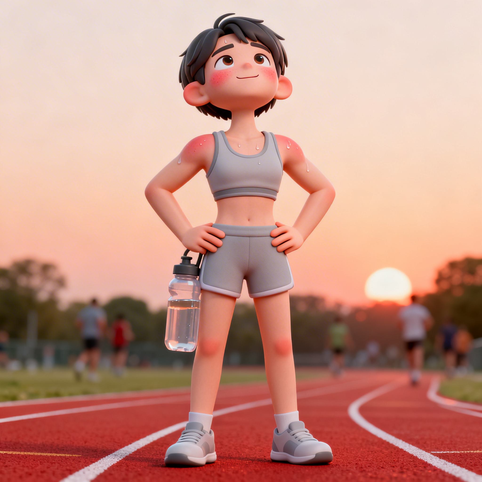 趣味3D插画风格，傍晚公园跑道，一位阳光活力年轻中性形象，短发… - 图片创意预览