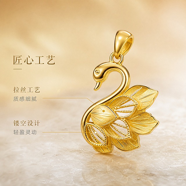 [主图-2] 足金天鹅吊坠核心亮点图 展示材质纯度与拉丝镂空工艺
[统一基调] 精致高级珠宝摄影风格 香槟金奶油白渐变背景 柔光箱打光 窄条轮廓光勾边 整体色调温暖高级 文字用纤细文艺衬线体 金色主标题 浅灰色辅助文案 极简排版 文字占比小于20%
[画面] 足金天鹅吊坠放大特写 主体占画面约65% 略微俯视角度 重点展示天鹅身体部位的拉丝工艺和尾部镂空羽毛细节 吊坠放置在浅米色大理石台面上 背景虚化的香槟色渐变 画面左侧放工艺说明文字 右侧是吊坠主体 用两条纤细的金色引线分别指向天鹅身体拉丝处和镂空羽毛处 分别标注工艺名称 金属表面精修 拉丝纹理细腻均匀 镂空边缘光滑 金材质感厚重
[光影质感] 微距珠宝摄影质感 顶光柔光箱均匀打亮金属表面 侧光突出拉丝纹理的立体感 镂空处有柔和透光 金属高光层次丰富 暗部细节清晰 整体质感高级真实
[配色] 背景浅香槟金到米白渐变 主体足金黄色 引线和标注字金色 标题字深金色 辅助字暖灰色
[文字版式] 左侧竖排文字布局 顶部主标题"匠心工艺" 下方两行小字分别对应引线标注 "拉丝工艺 质感细腻" "镂空设计 轻盈灵动" 文字纤细精致 不遮挡吊坠主要观赏面
[输出要求] 1:1正方形比例 文字清晰锐利 工艺细节清晰可见 无变形 无错字 无水印 无平台Logo 背景干净高级