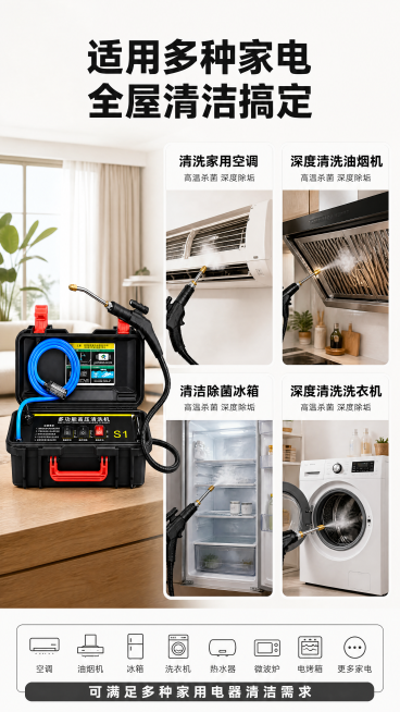 [第3屏] 多场景应用展示，介绍高温高压蒸汽清洗机可清洁多种家用电器。本屏使用【图1】展示产品主体，保持产品外观结构颜色一致。
[氛围/风格] 实景生活风，明亮家居背景，网格多图展示，干净整洁的家电场预览效果