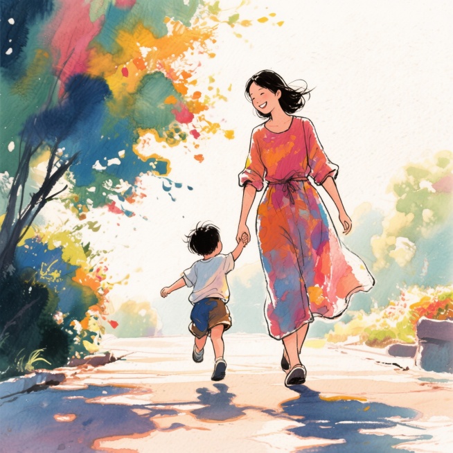 一位妈妈拉着孩子走路预览效果