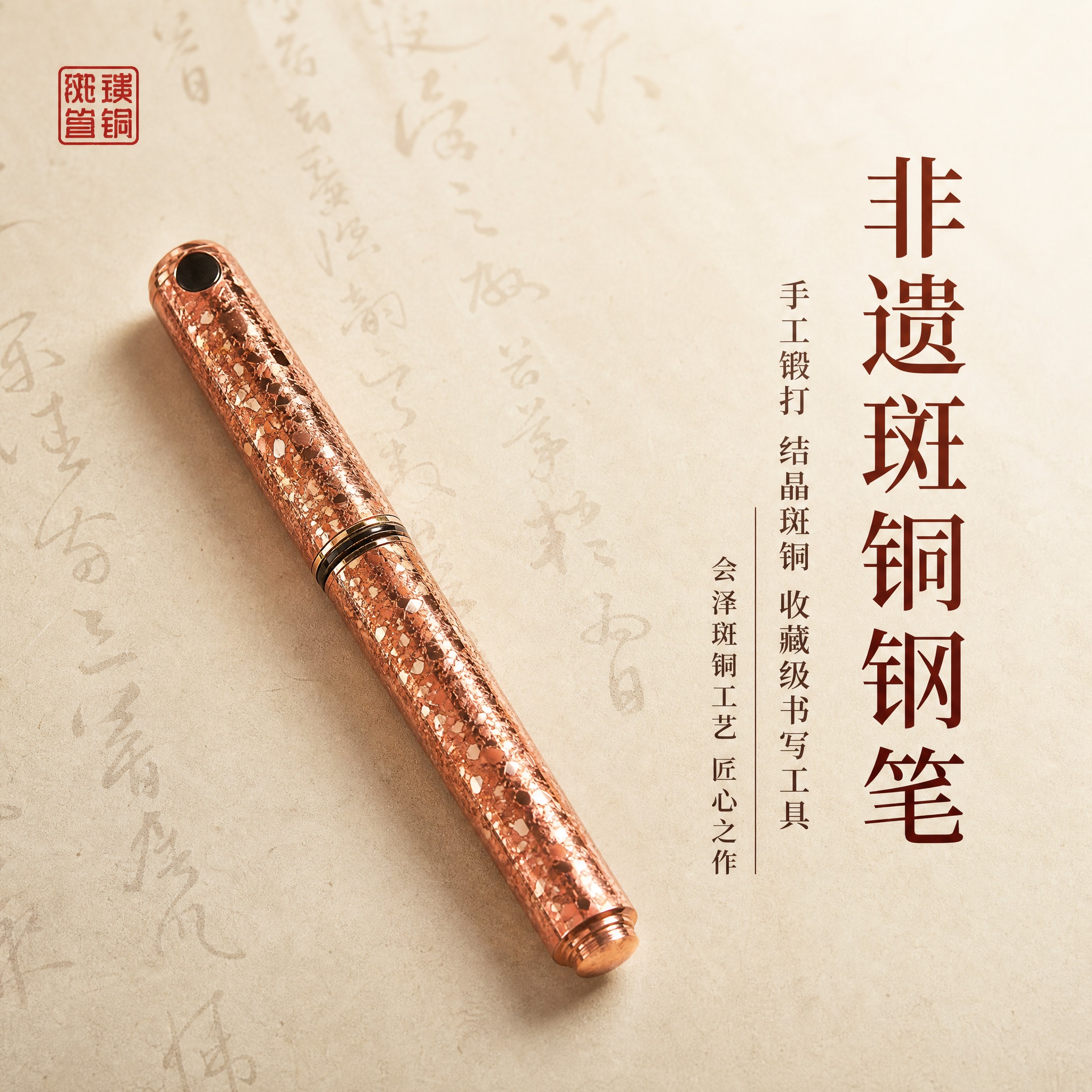 [主图-1] 非遗斑铜钢笔产品身份首图，突出非遗工艺与高端收藏… - 图片创意预览