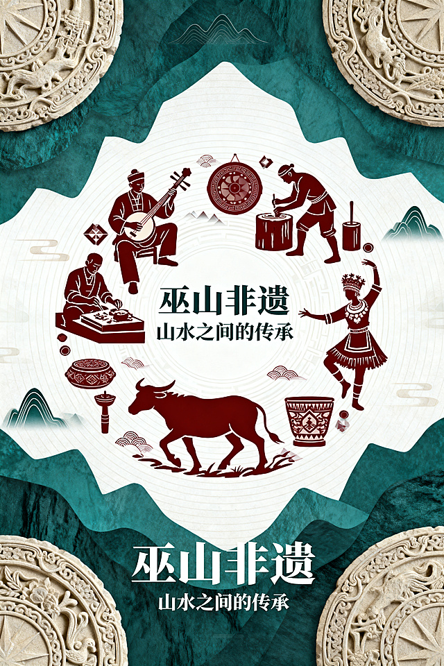 高端文创海报，主题是中国重庆巫山地区非物质文化遗产，整体风格为现代新中式视觉与设计感排版结合，强调具体非遗项目的视觉表达。画面核心围绕巫山代表性非遗元素展开：巫山民间音乐（传统乐器演奏场景，如鼓、唢呐）、三峡纤夫号子（人物拉纤动态剪影）、传统木雕工艺（雕刻纹样细节）、苗族羊马节（节庆人物与服饰、舞蹈动态），将这些元素进行图形化、插画化处理，融合为统一视觉主体，而非零散拼贴。构图采用"中心叙事式设计"：以非遗人物或技艺场景为核心视觉（如纤夫、演奏者、舞蹈者），周围环绕纹样、山形、器物等辅助元素，形成层次清晰的文化叙事画面。背景弱化真实风景，改用抽象山体或几何山水，与非遗元素融合，体现巫山地域特征但不喧宾夺主。色彩采用高级国潮配色：低饱和青绿、米白、暗红点缀，避免艳俗，整体统一克制。标题"巫山非遗"采用小比例精致排版，辅以副标题"山水之间的传承"，避免大字压画面。整体版式现代、留白充足，具有设计竞赛风格。强调文化叙事感与视觉整合，画面需具有设计感、艺术性与非遗辨识度，高清画质，细节丰富。避免旅游宣传风，避免单纯风景照片拼贴，每种非遗元素清晰可辨。