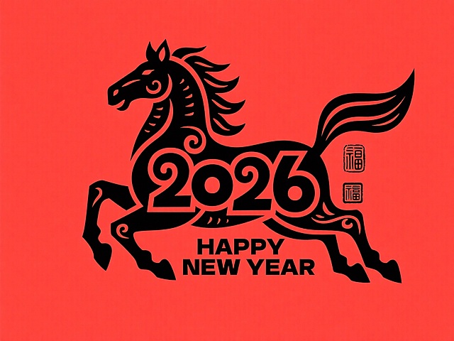 背景为纯红色，主体是黑色传统剪纸风格的奔腾骏马造型—— 马身巧妙融合 “2026” 数字（“2” 化作马颈、“0”“6” 嵌入马身），线条流畅且带有剪纸特有的卷曲装饰感；马形旁点缀一枚黑色中式印章，下方标注 “ HAPPY NEW YEAR” 的黑色文字