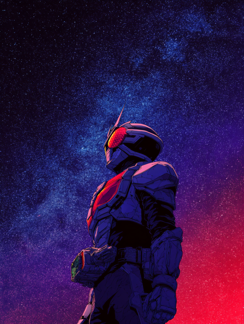 网络小说封面，假面骑士空我站立在宇宙星空背景中，造型帅气还原，热血科幻风格，顶部预留书名位置，底部预留作者名位置，简洁大气，适合印刷预览效果