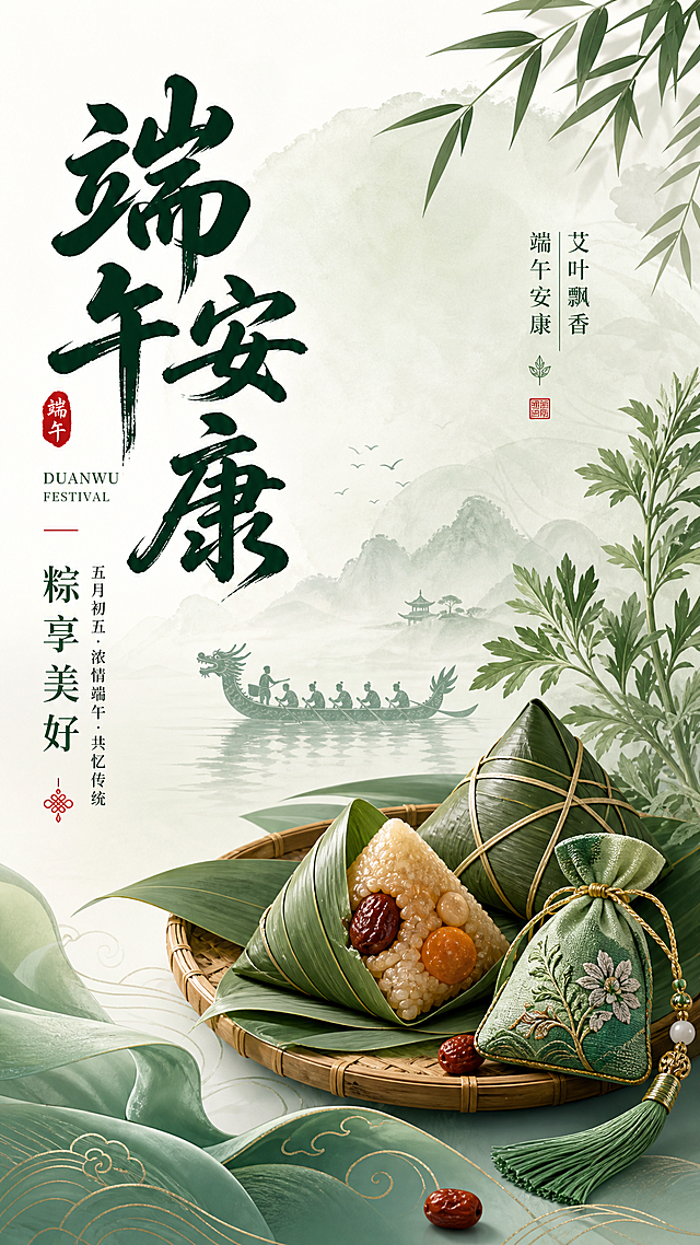 海报主题：端午安康，粽享美好；目标群体：品牌客户与大众消费者；设计目的：宣传中华优秀传统文化，吸引客户关注；风格：新中式国潮风；画面以淡墨渐变和粽叶纹理为背景，主体为手绘粽子与龙舟剪影，搭配艾草，香囊元素；主标题“端午安康”用书法字体，整体色调清新雅致，传统元素与现代简约设计结合；比例9:16竖版，高清无水印，排版工整，无乱码文字