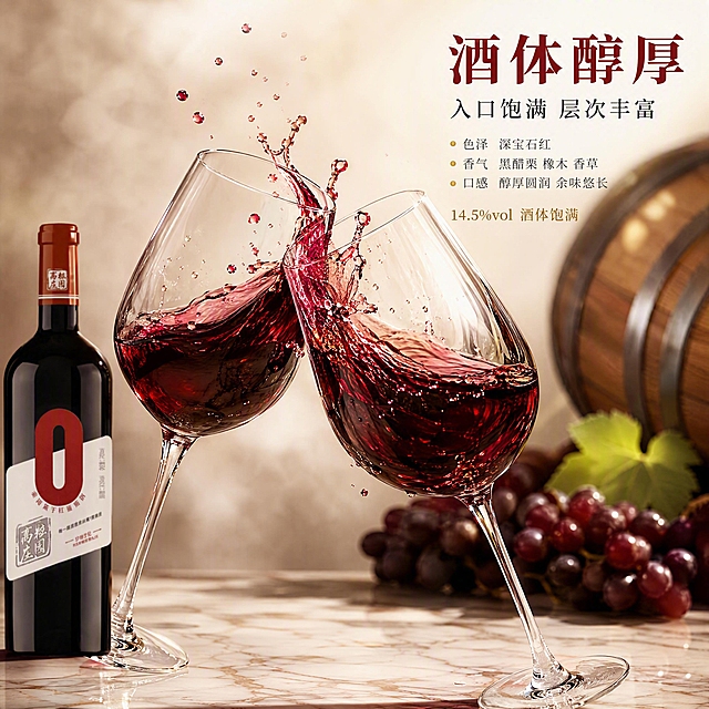 [主图-4] 酒体醇厚品鉴-万粒庄园赤霞珠干红葡萄酒酒液质感特写。本张使用【图2】作为商品主体（小尺寸展示）。
[氛围风格] 品鉴级高级感 微距质感 酒红金调 明亮通透 酒体醇厚视觉化 高点击
[画质] 商业微距摄影质感 酒液通透 细节锐利 色彩鲜亮 画面高级
[元素] 画面主体为两只水晶红酒杯碰杯瞬间 深宝石红色酒液在杯中晃动 酒液飞溅出几滴 形成动态瞬间 占画面中心约55%；杯壁酒脚细密流下 酒液表面有光泽；左下角放置红酒瓶【图2】下半部分 占比约20% 作为产品呼应；右侧背景为虚化的橡木桶和葡萄串；底部为浅色大理石台面 有酒液反光；整体明亮不暗沉。保持红酒瓶外观与输入产品图绝对一致。
[光影] 侧上方暖光穿透酒液 呈现宝石红通透光泽 杯口边缘高光锐利 酒液飞溅动态清晰 整体明亮通透 色彩饱和度高 靓丽
[配色] 主色宝石红 #9B1C1C 金色高光；辅色透明玻璃 浅米台面 橡木棕背景
[视角构图] 45度斜侧微距视角 碰杯酒液为视觉焦点 阅读动线从酒杯 → 左下酒瓶 → 右侧背景
[文字版式] 右上区域文字 左对齐。主标题「酒体醇厚」 粗宋体 酒红色 超大字；副标题「入口饱满 层次丰富」 宋体 深灰色 中号；下方三行品鉴短句 每行前有金色小圆点：「色泽 深宝石红」「香气 黑醋栗 橡木 香草」「口感 醇厚圆润 余味悠长」 宋体 深灰色 小号；底部一行「14.5%vol 酒体饱满」 金色小字。
[输出要求] 1:1比例 2048*2048px 文字清晰锐利 超高清商业摄影质感
[负向提示词] 变形 文字错乱 酒液颜色偏差 杯形扭曲 水印 电商Logo 暗沉背景 储存时间