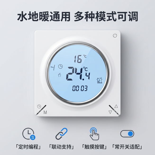 [主图-5] 水地暖温控面板多模式功能展示
[氛围风格] 功能全面，专业可靠
[画质] 商业摄影质感，光线柔和通透，产品清晰真实，画面干净高级。保持原产品外观、物理结构、材质质感、颜色、屏幕显示文字与预览效果
