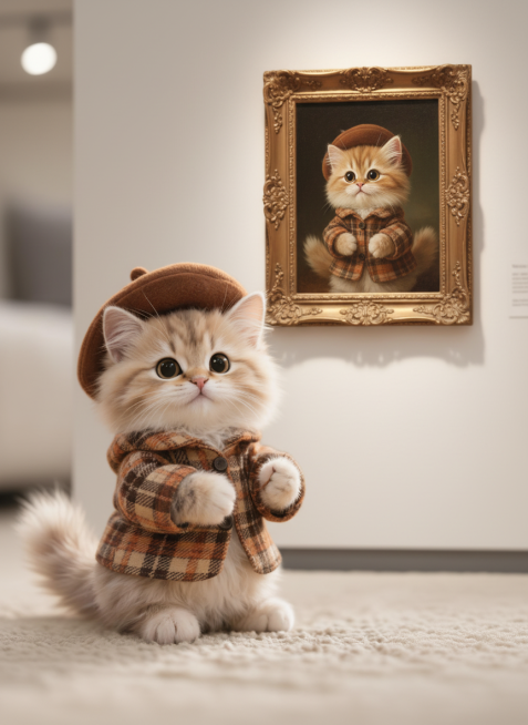 参考图小猫站在画面左侧看着画展展示的画，右侧墙上的挂画内容为小猫本体油画，画框要放高一点，小猫面对画框抬头看，露出一点侧脸，整体背景设定在一个高档画展区。预览效果