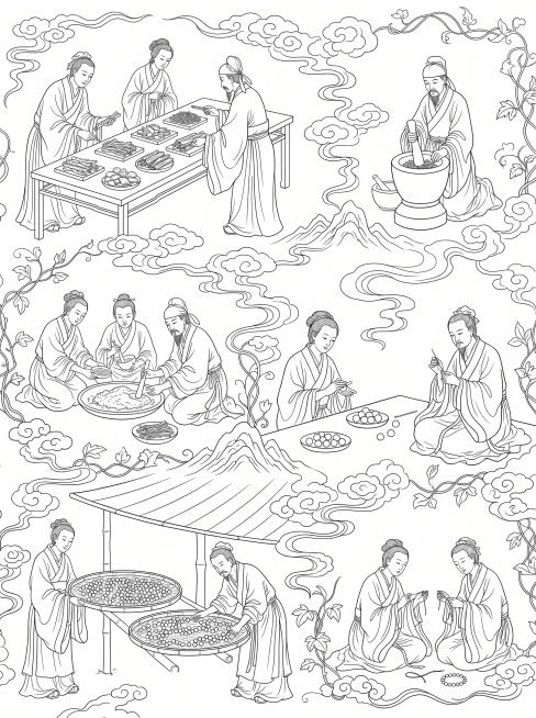 纯白背景，纯黑色矢量线条，无任何色块填充，无阴影，无色彩。白描风格，中国古风，细密线描。画面为横轴长卷构图，展现古人制作中药合香珠的全过程，分为多个连贯场景：
场景1 – 选药：古人手持药材（甘草、白预览效果