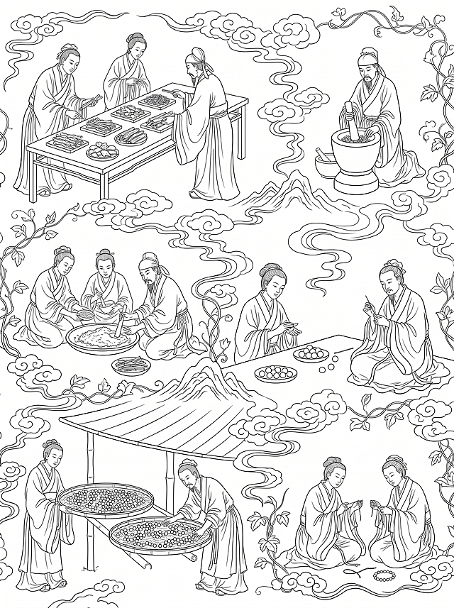 纯白背景，纯黑色矢量线条，无任何色块填充，无阴影，无色彩。白描风格，中国古风，细密线描。画面为横轴长卷构图，展现古人制作中药合香珠的全过程，分为多个连贯场景：
场景1 – 选药：古人手持药材（甘草、白芷、沉香），案上铺陈；
场景2 – 研磨：用石臼和药杵捣药；
场景3 – 和泥：加入白芨粉和水，搅拌成香泥；
场景4 – 搓珠：手工揉搓成圆珠状；
场景5 – 穿孔：用细针刺孔；
场景6 – 晾晒：将香珠排列在竹筛上阴干；
场景7 – 穿绳：用丝线串成手串。
人物穿宋代或明代宽袍，姿态优雅。各场景之间用流动的祥云纹、山形纹、袅袅升起的香烟、缠绕的藤蔓等传统装饰线条自然串联，所有线条细腻、流畅、连贯，无断点。整体风格如古代木刻版画或白描长卷，富有文人气息，宁静雅致。