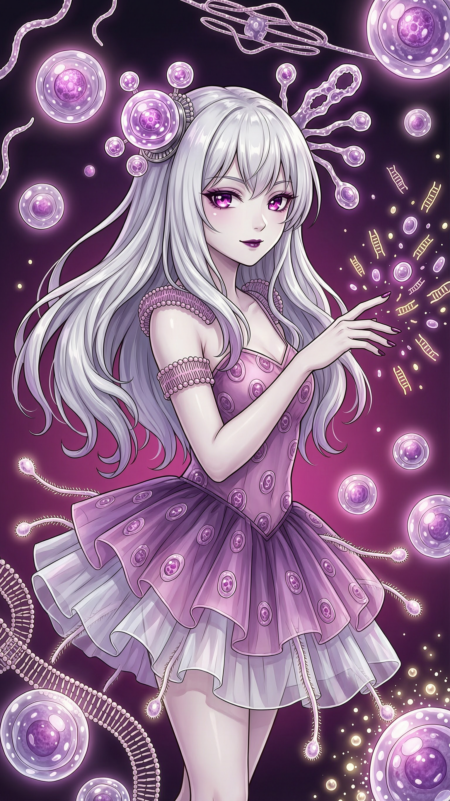 拟人化的癌细胞少女，日系二次元插画风格，唯美又略带危险的氛围。… - 图片创意预览
