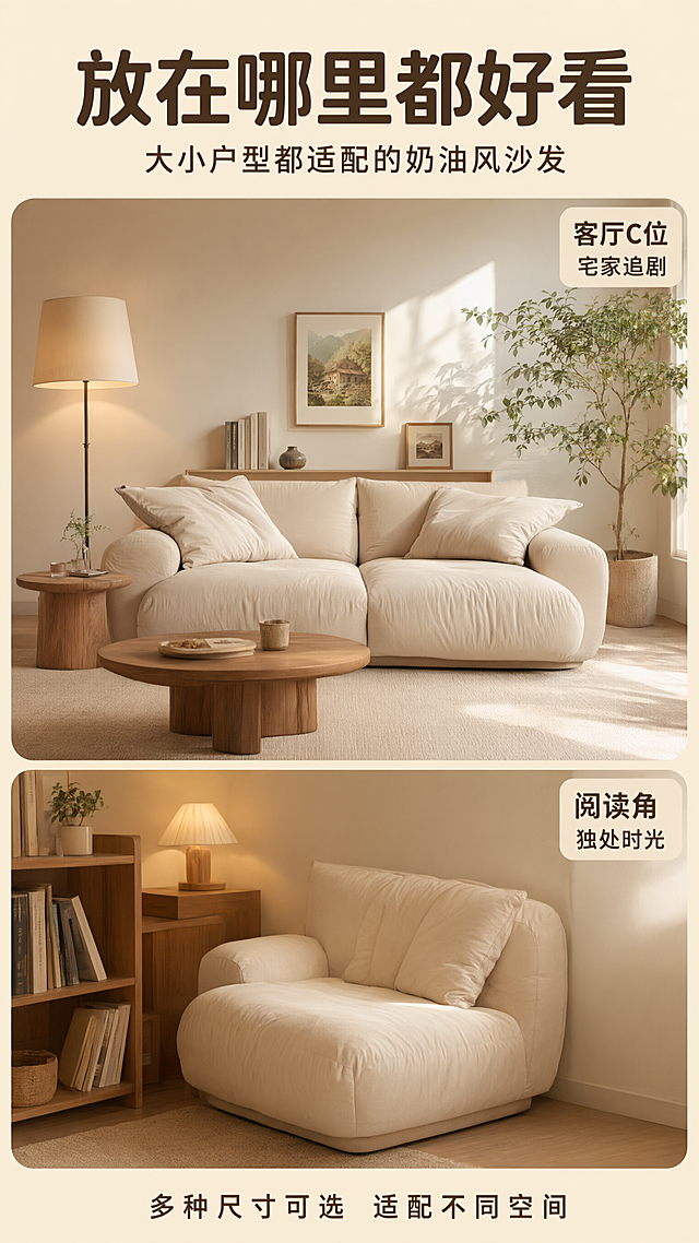 电商详情页第八张，多场景适配展示页。
[氛围/风格] 奶油风多场景生活方式，温馨治愈，商业摄影
[元素布局] 画面采用上下两场景布局：上半部分展示沙发放在客厅大场景，搭配落地灯、茶几、绿植，一家人休闲氛围；下半部分展示沙发放在阅读角/小空间场景，单人位或小双人位搭配书架和台灯，适合小户型；两个场景均为奶油风低饱和色调，沙发款式颜色统一
[光影质感] 上下场景均为暖调自然光，柔和温馨，光影自然
[配色色系] 全局底色 #F5EFE6 暖奶油；主色奶白沙发；辅助色原木色、燕麦色、浅咖
[视角构图] 上下分屏布局，上客厅下阅读角，中间有过渡分隔
[文字版式] 顶部主标题「放在哪里都好看」，大号粗体居中；副标题「大小户型都适配的奶油风沙发」；上场景角标「客厅C位 宅家追剧」；下场景角标「阅读角 独处时光」；底部通栏文字「多种尺寸可选 适配不同空间」
[比例] 9:16竖版，高清画质，文字清晰