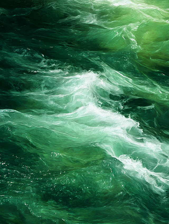 generate a similar image of deep green flowing river water with white waves, enhance the atmosphere, keep the rich green tones and flowing texture, create a tranquil and immersive natural mood