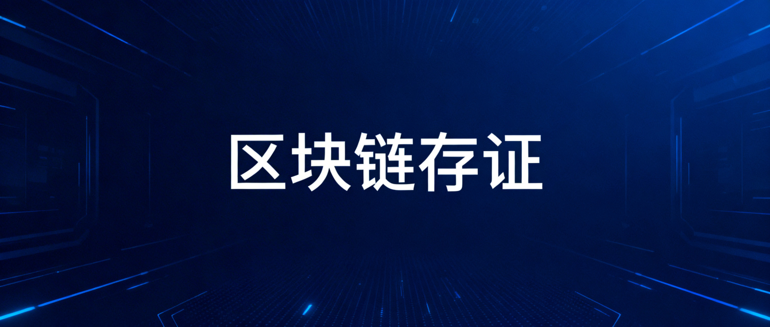 简约风格的公众号文章封面图，深蓝色科技感背景，中央用白色简洁字体清晰显示文字："区块链存证"，整体设计干净极简，适合科技主题文章预览效果