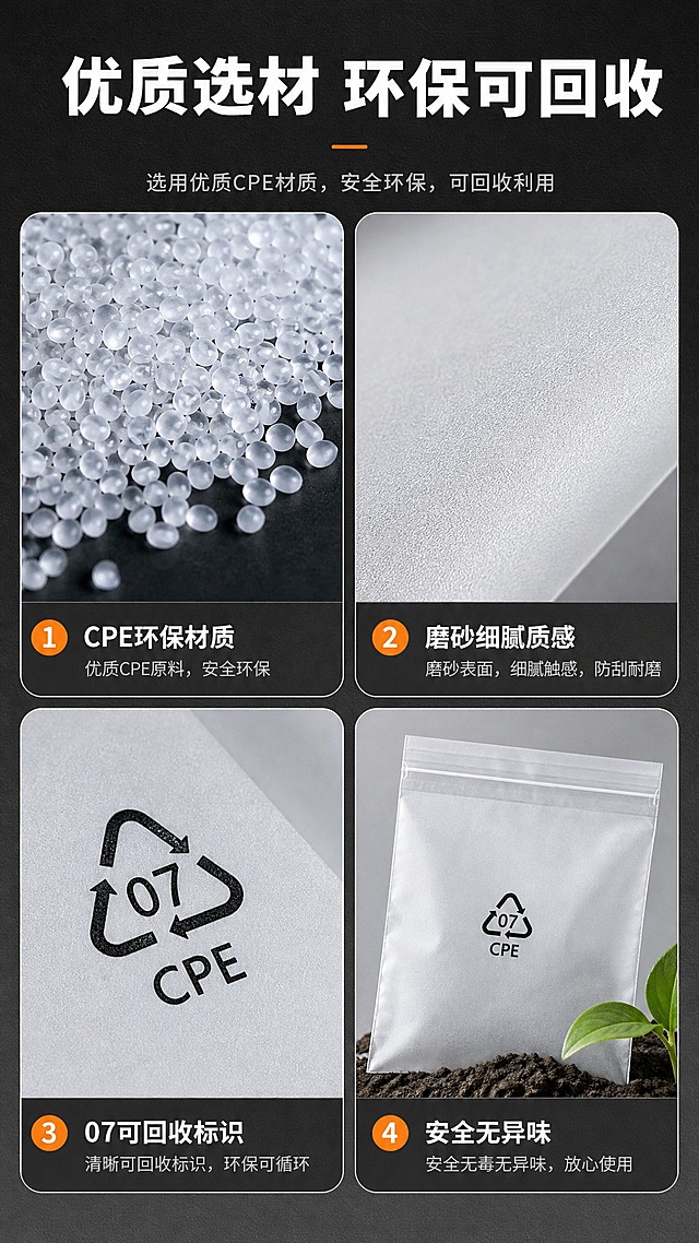 [商品] 使用【图1】CPE磨砂自粘袋；保留白色半透明磨砂质感、07 CPE可回收三角标识、自粘封口条结构、袋形比例和材质纹理；微距放大袋身材质纹理和CPE标识。
[画面] 第4张·材质细节：四宫格细节型，2×2拼图展示4个材质细节，分别为CPE原料颗粒、磨砂表面微距、07可回收标识特写、环保可降解概念示意，每格编号+短说明。
[视觉] 套系策略：风格=工业风简约高级商业摄影；标题字=粗黑体；正文字=思源黑体；主色=深炭灰；背景延展=基于深炭灰做深浅层级、同色渐变和细腻水泥/纸张质感；强调色=活力橙，仅用于小面积图标、引线和标签；标题色=纯白；正文色=浅灰白；组件=圆角深色信息卡、细线引线、橙色编号标签；光影=左前侧硬柔光，产品边缘有轮廓光。
[文字] 顶部主标题"优质选材 环保可回收"，四格分别标注"CPE环保材质""磨砂细腻质感""07可回收标识""安全无异味"，文字横排，编号用橙色圆形底。
[规格] 图片比例9:16竖版，4K，避免变形、错字、文字过小、冷蓝背景、材质失真。