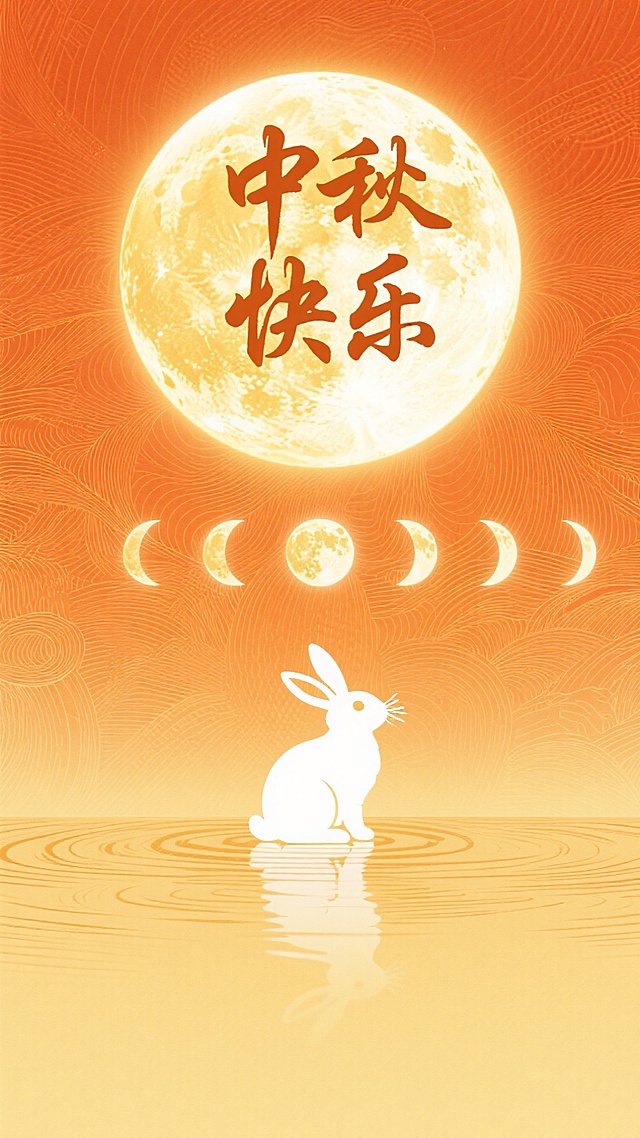 中秋佳节，剪影白兔静坐水畔，映照圆月与月相轮回，暖橙背景融水墨波纹，插画风呈现中式喜庆与梦幻意境。