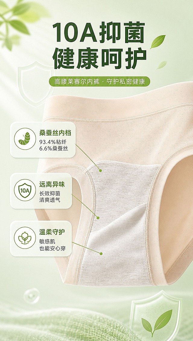 [商品] 使用【图2】【图5】高腰内裤；商品处理：保留高腰腰头、三角裤型、香槟肤颜色、莱赛尔面料；重点展示裆部区域，增强面料层次，自然去皱，不改变版型结构。
[画面] 目标：抑菌呵护页，突出10A抑菌裆与桑蚕丝内档。构图：竖版9:16，上方主标题，中部内裤裆部区域放大特写（局部叠图方式），周围环绕3个健康呵护卖点图标。主体占画面50%，前景裆部放大清晰，中景盾牌/叶子图标装饰，后景浅绿渐变背景带柔和光晕。
[视觉] 套系策略：风格=清新极简商业摄影，浅绿色氛围；标题字=现代无衬线粗体，字重Bold；正文字=简洁无衬线体，字重Regular；主色=浅薄荷绿；背景延展=基于浅薄荷绿做深浅渐变、同色系柔焦晕染，细腻纸张/织物底纹；强调色=嫩草绿，仅用于小面积图标、引线、关键词高亮；标题色=深墨绿；正文色=中灰绿；组件=圆角浅绿信息卡、细绿线引线、小叶子图标点缀；光影=左前侧柔和自然光，轻柔阴影。
[文字] 顶部主标题「10A抑菌 健康呵护」；三个卖点：①桑蚕丝内档——93.4%粘纤 6.6%桑蚕丝；②远离异味——长效抑菌 清爽透气；③温柔守护——敏感肌也能安心穿。文字全部横排，不遮挡关键部位。
[规格] 图片比例9:16竖版，4K分辨率，淘宝/天猫详情页风格，中文文案；避免变形、错字、文字过小、低俗擦边、过度暴露、冷蓝灰色调。