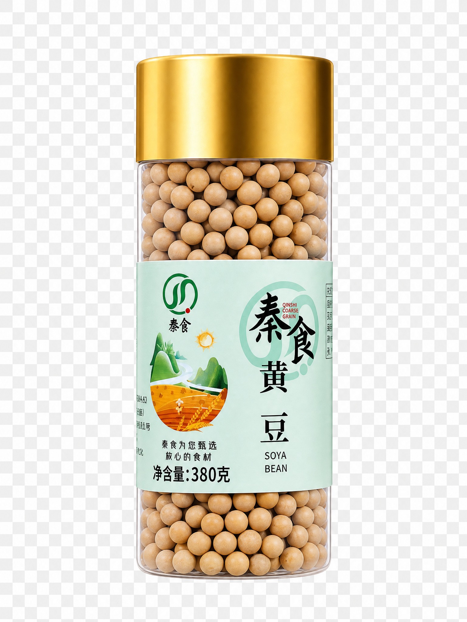 参考图中罐装杂粮产品的精修风格：金色金属瓶盖有光泽质感，透明玻… - 图片创意预览