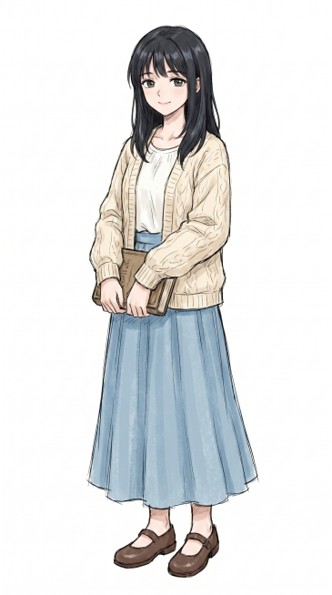 根据参考图的动漫画风和笔触，绘制女孩安安全身立绘，白色背景，粗糙线条风格，从头到脚完整全身，安安是文静温柔爱看书的女孩，柔顺齐肩乌黑直发，额前有轻薄刘海，清秀瓜子脸，眉眼温婉细长，眼眸清澈温润，眼神安预览效果