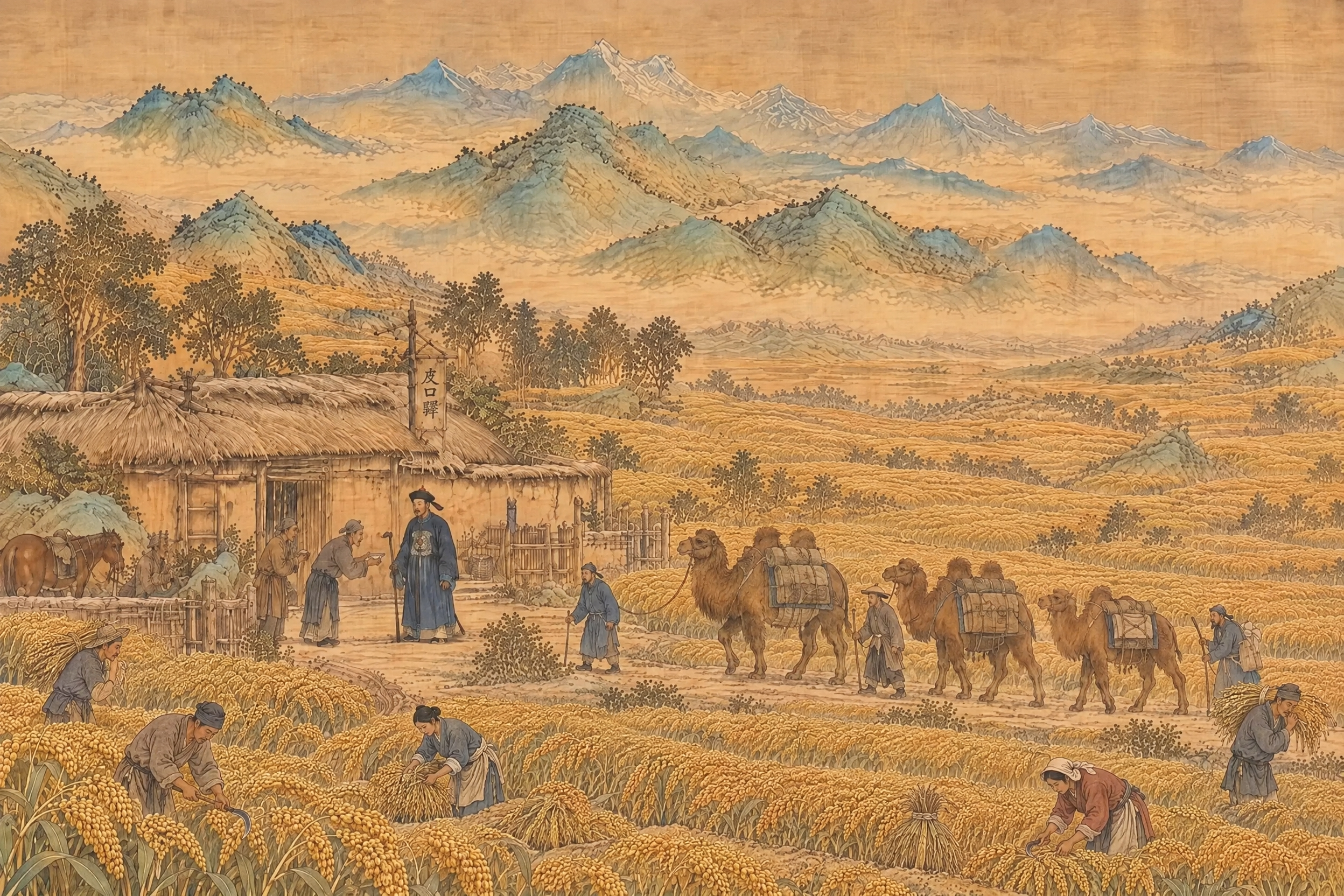 保持整体中国传统青绿山水画古画绢本质感、工笔设色风格与色调完全… - 图片创意预览