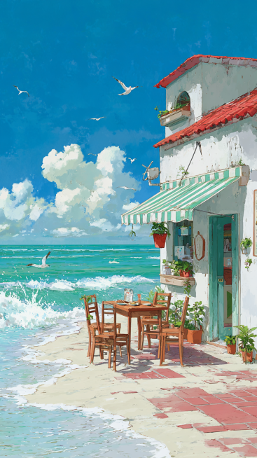 Studio Ghibli style, hand-painted watercolor aesthetic, a cozy seaside café with white walls, red-ti预览效果