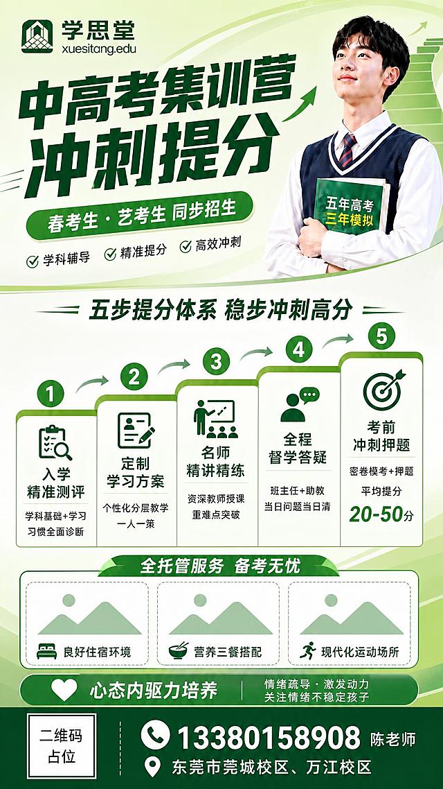 方案二：阶梯递进式优势风，中高考集训营招生海报，9:16竖版，绿色系。

整体结构：顶部大标题+中部阶梯式教学路径+全托管+心态+底部联系方式。

顶部：浅绿渐变背景，左上角学思堂logo，主标题"中高考集训营 冲刺提分"深绿色粗体大字，副标题"春考生 · 艺考生 同步招生"绿色圆角标签。人物在右侧半身像。

中部核心区（替换原学科板块）：标题"五步提分体系 稳步冲刺高分"，用纵向阶梯/时间轴形式呈现5个递进式教学环节，从入学到提分形成完整路径：
第1步：入学精准测评（学科基础+学习习惯全面诊断）
第2步：定制学习方案（个性化分层教学，一人一策）
第3步：名师精讲精练（资深教师授课，重难点突破）
第4步：全程督学答疑（班主任+助教，当日问题当日清）
第5步：考前冲刺押题（密卷模考+押题，平均提分20-50分）
每个步骤用绿色序号圆圈+标题+说明，阶梯式从左到右或从上到下排列，有箭头连接，形成递进感。

下方：全托管服务板块，标题"全托管服务 备考无忧"，三个图片占位框横向排列，下方对应文字：良好住宿环境、营养三餐搭配、现代化运动场所。

再下方：心态内驱力培养，绿色背景条，心形图标+文字。

底部深绿色底栏：左侧二维码占位，右侧电话"13380158908"陈老师 + 地址。

整体风格：教育专业风，阶梯递进式设计有逻辑感和说服力，绿色系深浅层次丰富，排版有节奏感。

所有数字"20-50分""13380158908"精确渲染。二维码占位符。所有信息区完整填充。版式精美。