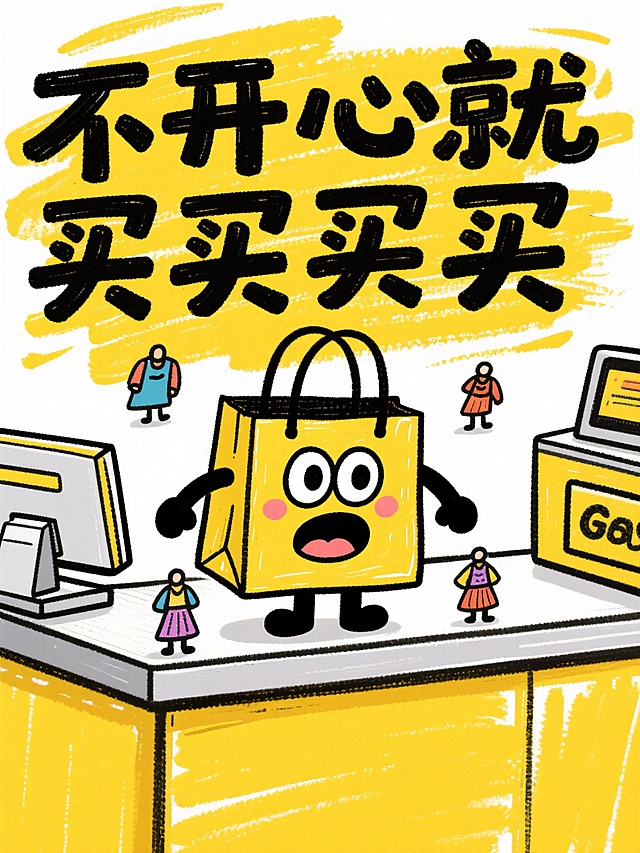 蜡笔涂鸦风格，背景是手绘的收银台，主体是一个卡通拟人购物袋，表情夸张，黑色粗体艺术汉字文案文案”不开心就买买买“，迷你服饰做点缀装饰；整体黄白为主色调，颜色鲜艳，有粗糙笔刷质感。