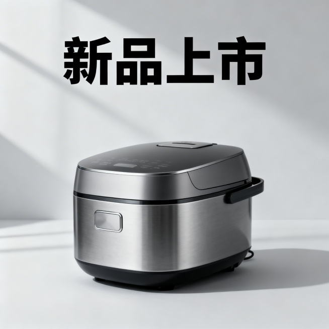 电饭煲新品上市宣传海报，现代简约风格，画面中央摆放高端电饭煲，突出产品质感，顶部放置醒目标题"新品上市"，整体色调干净高级，适合电商宣传预览效果