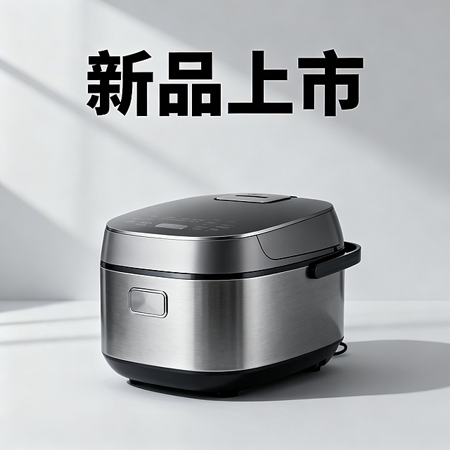 电饭煲新品上市宣传海报，现代简约风格，画面中央摆放高端电饭煲，突出产品质感，顶部放置醒目标题"新品上市"，整体色调干净高级，适合电商宣传