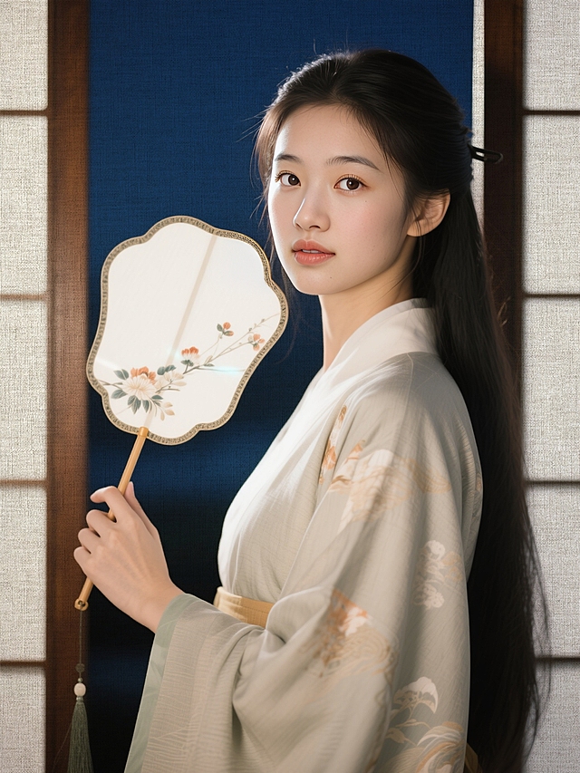 浓密大眼，非常可爱俊俏的脸，俏丽妩媚的气质和神态，高鼻梁，瞳孔为褐色且发亮，又长又密的睫毛，十分美丽大方和贵气，手持一把精致的团扇，小姐一半的面部有轮廓光，深蓝色的夜空，中式背景