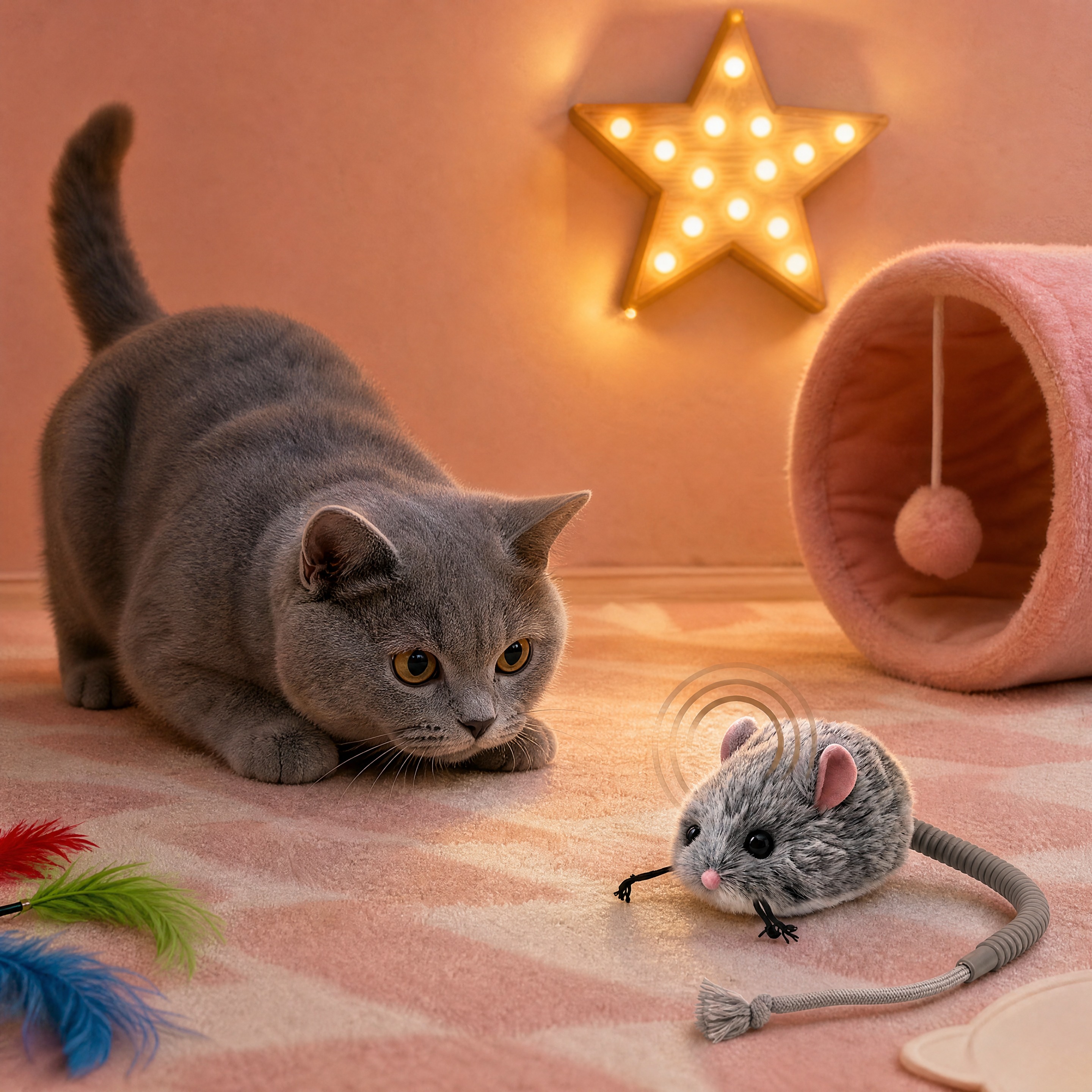 超写实宠物生活场景摄影。 主体：毛绒老鼠猫玩具严格参照上传产品… - 图片创意预览