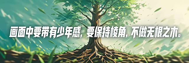 一条青春励志考试横幅设计，横幅比例4:1超宽幅。背景为一棵挺拔的少年树，树干笔直有棱角，枝叶向上生长，青绿色调，充满生机与少年感。树根深扎大地，象征不做无根之木，有根基有方向。画面中央是大字号白色加粗文字："画面中要带有少年感，要保持棱角，不做无根之木。"，文字有棱角有力量感，字体硬朗有少年气。背景虚化处理突出文字，整体色调青绿+米白+深棕，版式精美，横幅构图，文字清晰可读，四周留安全边距。画面中只出现这一句文案，不添加任何其他文字、标题、副标题、二维码或装饰性文字。
