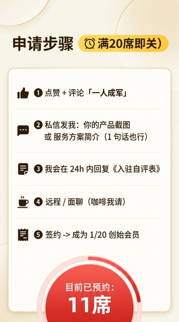 优化这张申请步骤图文的美感，保留完整文字内容，重点突出标注"满20席即关"和"目前已预约：11席"这两处信息，让文字更醒目吸引眼球，整体排版更美观清晰预览效果