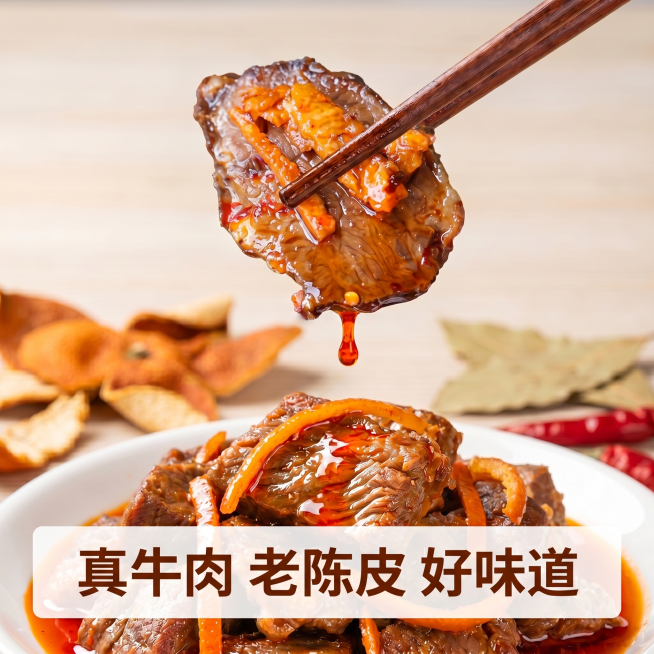 修改夹起的牛肉纹理和外观，保留整体动态构图（筷子夹肉，油滴下落），将牛肉外表修改为参考图的块状原切纹理，清晰的牛肉肌理，油亮光泽，保持陈皮丝搭配和红油滴落效果，产品颜色风格和原图一致，比例1:1，保留预览效果