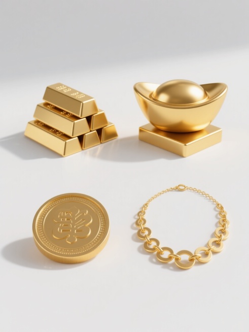 一套4个不同黄金元素的系列素材集合，每个元素均采用高写实3D渲染风格，具有光滑细腻的金属质感，规整排布在纯白色纯色背景上。第一个元素为堆叠的金条，呈现出精确的几何形状和自然的堆叠状态，表面有柔和的高光和阴影；第二个元素是黄金元宝，具有传统的弧形轮廓和底部的方形底座，表面光滑且有光泽；第三个元素为黄金硬币，圆形设计，边缘有细致的纹路，正面有浮雕图案；第四个元素是黄金项链，由多个圆形链环组成，呈现……预览效果
