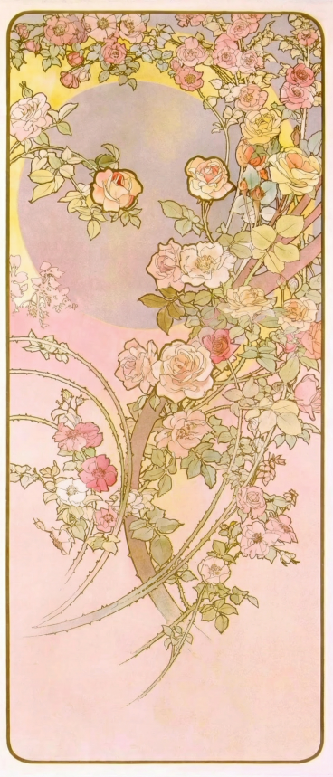 保留原图的玫瑰花、藤蔓枝叶、背景和穆夏风格，去掉画面中的人物，保持整体构图和色彩风格一致预览效果