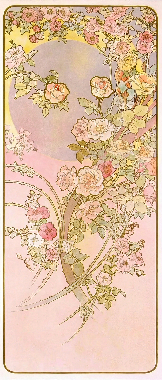 保留原图的玫瑰花、藤蔓枝叶、背景和穆夏风格，去掉画面中的人物，保持整体构图和色彩风格一致