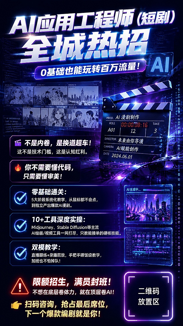 一张竖版招生海报，主题为《AI应用工程师（短剧）》全城热招，科技感与短剧影视感结合的风格，深色渐变背景搭配霓虹蓝紫色光效，画面有AI漫剧分镜、电影场记板、代码粒子等元素点缀，整体视觉冲击力强、高级感十足。

海报顶部大标题："AI应用工程师（短剧）全城热招"
副标题："0基础也能玩转百万流量！"

核心内容区域：
"🎬 不是内卷，是换道超车！
这不是技术门槛，这是认知红利。"

"🔥 你不需要懂代码，只需要懂审美！"

三大卖点模块（带勾选图标）：
"✅ 零基础通关：5大阶段系统化教学，从鼠标都不会点，到独立产出爆款AI漫剧。"
"✅ 10+工具深度实操：Midjourney、Stable Diffusion等主流AI绘画/视频工具一网打尽，只教能接单的硬核技能。"
"✅ 双模教学：直播跟练+录播回放，手把手喂饭级教学，加班也不怕掉队！"

底部行动指令区域（醒目警示风格）：
"⚠️ 限额招生，满员封班！
不想在底层卷体力，就在顶层卷AI！
👉 扫码咨询，抢占最后席位，下一个爆款编剧就是你！"

右下角预留二维码位置，整体排版清晰有层次，字体现代大气，配色以深蓝、紫色、霓虹光效为主，突出科技感和紧迫感。