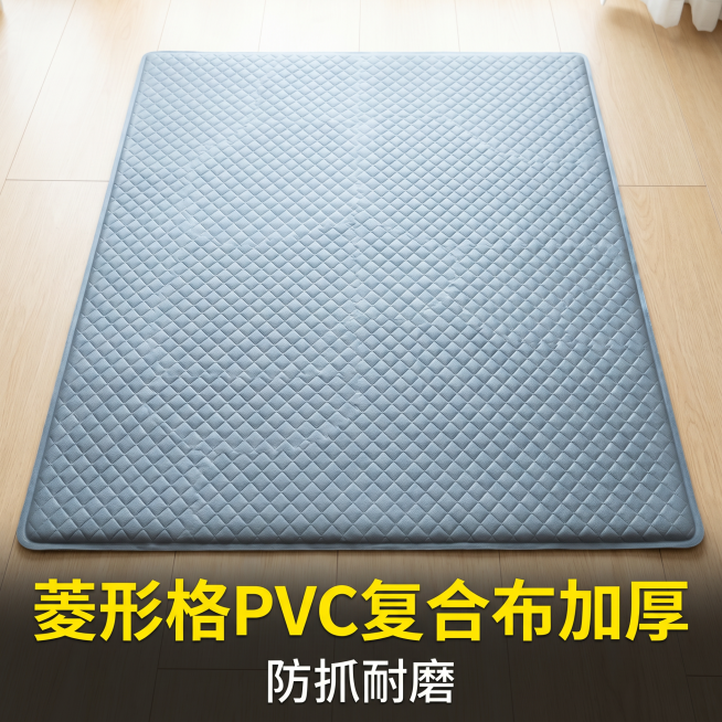 拼多多宠物凉垫SKU主图，俯拍视角，菱形格纹表面的加厚凉垫平铺在浅色木地板上，光线明亮柔和。图片底部有大号黄色粗体字"菱形格PVC复合布加厚"，下方小号白色字"防抓耐磨"。整体风格简洁干净，突出产品纹预览效果