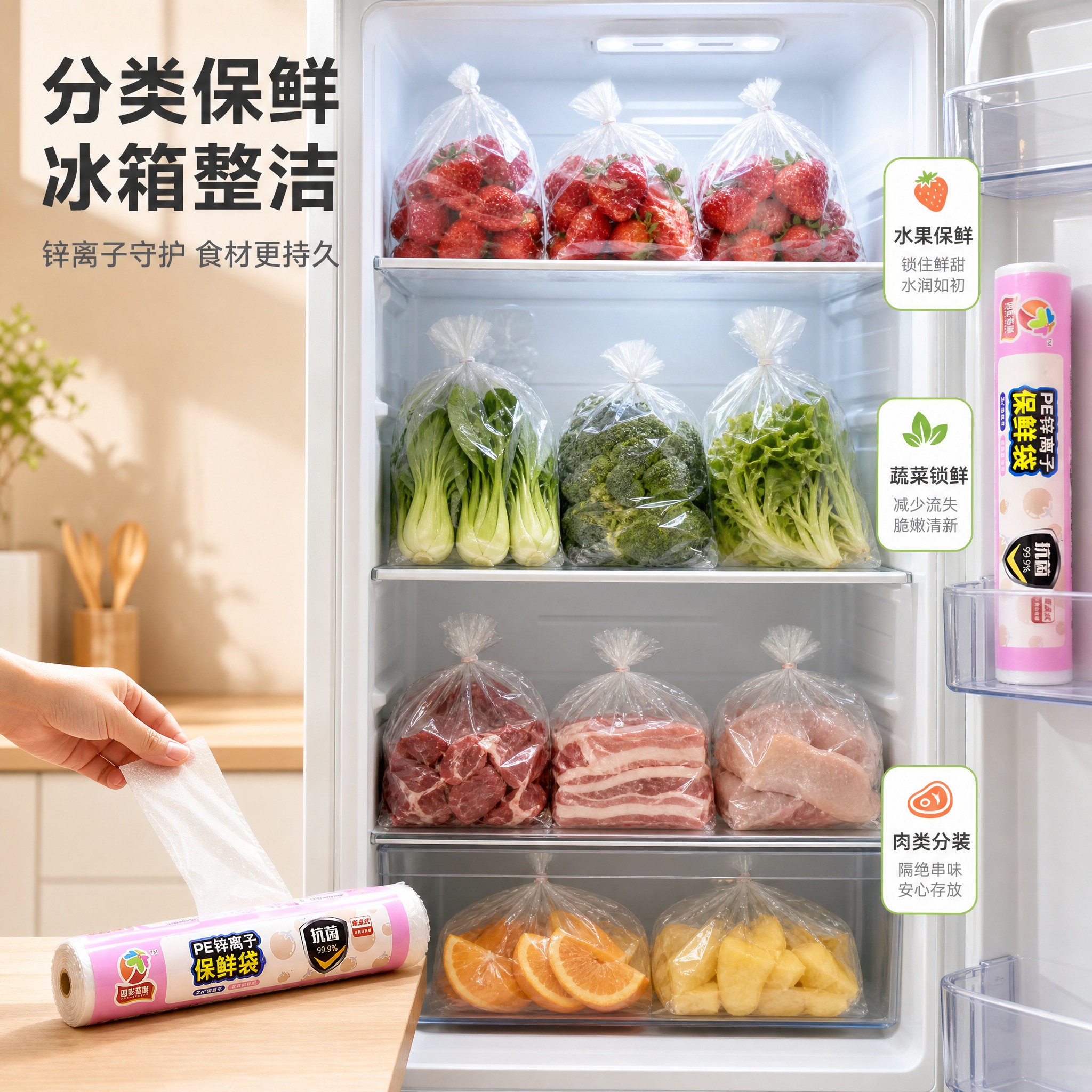 [主图-3] 冰箱保鲜场景与多用途展示图，核心任务是展示保鲜袋… - 图片创意预览