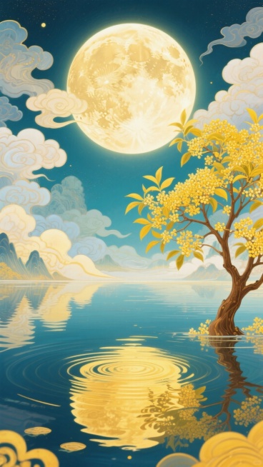创建一个宁静和梦幻般的插图与柔和，温暖的黄色调色板。在顶部中央有一个巨大的满月，散发出柔和的光芒。在它的下方，描绘了一个平静的水体，完美地反射了月亮，创造了一个对称的金色反射和微妙的涟漪。在水的右边，预览效果