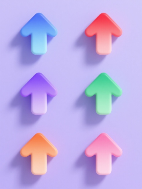 六个相同的软3D风格向上箭头图标，每个箭头具有不同的渐变配色（分别为：蓝色到浅蓝色、红色到浅红色、绿色到浅绿色、紫色到浅紫色、橙色到浅橙色、粉色到浅粉色），均为纯色背景，图标保持相同的形态和光影效果，整体呈规整的2x3网格排布，系列感强，设计简洁统一。预览效果