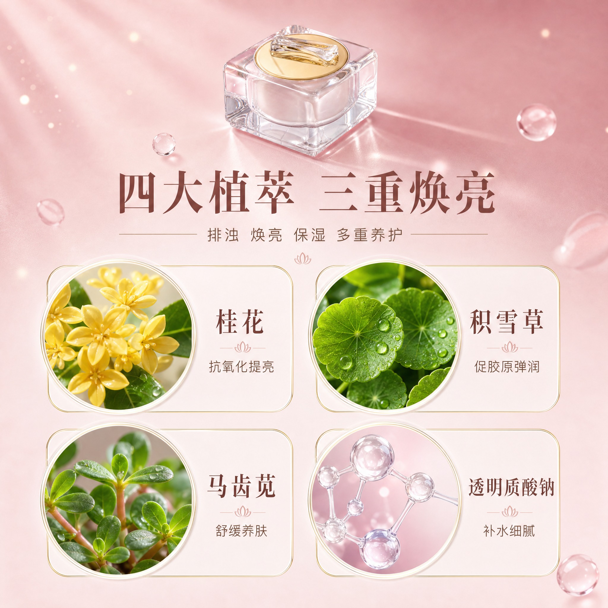 [主图-2] 核心成分解析图，四大植萃成分功效展示，专业护肤背… - 图片创意预览