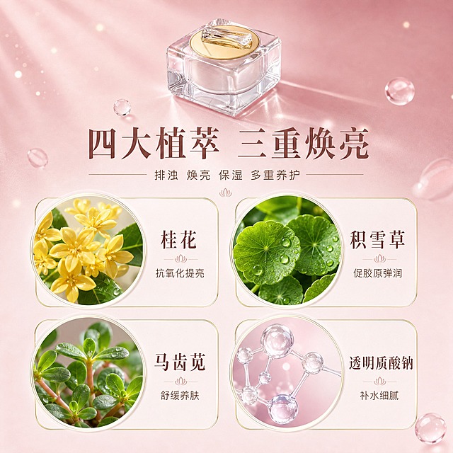 [主图-2] 核心成分解析图，四大植萃成分功效展示，专业护肤背书。
[统一基调] 整体风格为轻奢高级护肤风，背景主色为柔雾粉渐变，标题字色为深玫瑰金，辅助字色为暖棕色，强调色为香槟金，字体为优雅细衬线体，字号层级分明，卡片和图标采用细金线圆角样式，整体柔光通透质感。
[画面] 画面上方中央放置产品小图（透明水晶方瓶焕肤霜），占画面约20%，俯视角度。产品下方是主标题区域。画面下半部分采用2x2网格布局，四个圆形成分卡片均匀分布，每个卡片内是高清真实的植物原料特写：左上是金黄色桂花花朵特写，花瓣饱满有光泽；右上是翠绿的积雪草叶片特写，叶脉清晰；左下是马齿苋植株特写，叶片鲜嫩；右下是透明质酸钠分子结构3D效果图，晶莹剔透的球体。每个成分卡片下方有对应的功效说明文字。背景为柔雾粉色渐变，点缀少量漂浮的金色光点和透明水滴元素，增加科技感和水润感。
[光影质感] 商业摄影级柔光质感，每个成分卡片内的原料都有独立的柔和打光，突出材质真实感。整体光影均匀，产品小图光影与首图保持一致。
[配色] 主色柔雾粉，成分卡片用白色底配金色细边框，植物本身的绿色和金黄色作为自然点缀，文字用深玫瑰金和暖棕色，整体和谐统一。
[文字版式] 画面顶部主标题大字"四大植萃 三重焕亮"，深玫瑰金色细衬线体。主标题下方一行辅助文案"排浊 焕亮 保湿 多重养护"，暖棕色小号字。四个成分卡片下方分别标注："桂花 抗氧化提亮""积雪草 促胶原弹润""马齿苋 舒缓养肤""透明质酸钠 补水细腻"，文字为深玫瑰金色，成分名称字号稍大，功效字号稍小。文字排版整齐，不遮挡成分主体。
[输出要求] 比例1:1，文字清晰可读，产品清晰完整不变形，无错字，无杂乱元素，无水印，无平台Logo。禁止出现医疗功效、绝对化用语、特殊功效化妆品相关违规表述，不得使用"美白""祛斑"等特殊功效词汇。