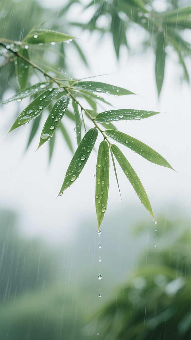写实摄影风格，清晨雨中竹叶特写，翠绿竹叶上挂着晶莹水珠，细长叶片自然下垂，背景为模糊的浅绿色植物与灰白色天空，柔和散射光线从上方照射，营造清新湿润的氛围，细密的雨滴从空中垂直落下，画面整体色调以绿色和白色为主，浅景深效果突出主体竹叶，雨丝清晰可见，展现雨后自然的生机与宁静。