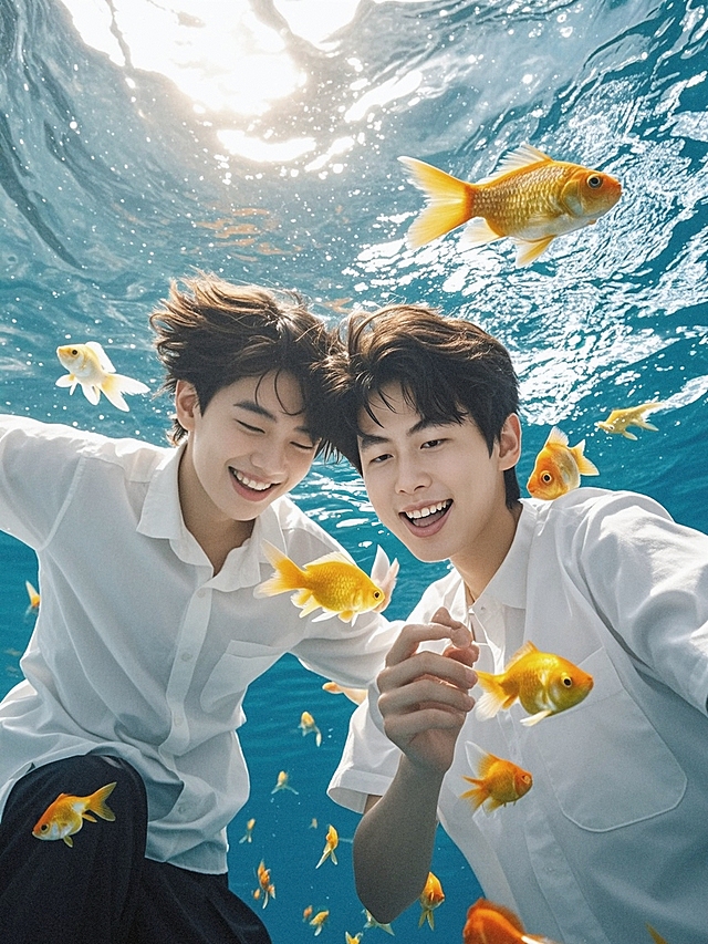 梦幻清新，浪漫动漫风，虚拟现实超现实主义，水中金鱼环绕，笑容灿烂。