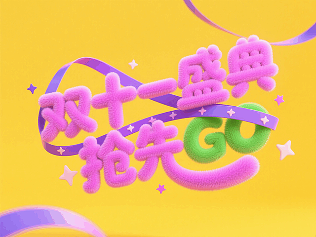 毛绒圆润的质感“双十一盛典 抢先GO”，字体粉色+部分笔画绿色。紫色丝带缠绕包裹住毛绒的字，背景黄色