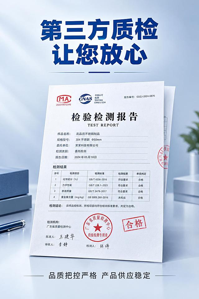 一张竖版商业宣传图，宽高比2:3，专业可信的商务风格。画面顶部居中位置有醒目的大字标题："第三方质检 让您放心"，字体为深蓝色粗体，庄重有力。画面正中央放置一张正式的检测报告文件，报告带有公章和质检印章效果，纸张微微倾斜摆放，有真实的纸张质感和阴影，报告上可见表格、数据、合格印章等元素。画面底部居中位置有一行文字："品质把控严格 产品供应稳定"，字体为深灰色，简洁稳重。整体背景为浅蓝灰色渐变，干净简洁，营造专业、可信、高品质的视觉氛围。画面构图均衡，层次分明，商业质感强。