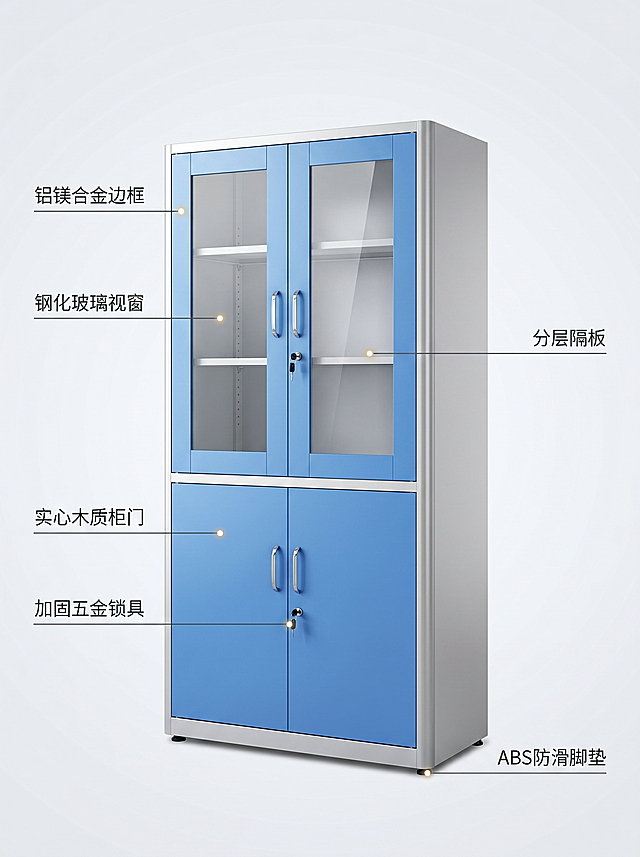 [主图 2] 铝木仪器柜结构细节标注图
[氛围风格] 清晰专业的产品细节展示风格
[画质] 商业摄影质感、光线柔和通透、产品清晰真实、画面干净高级
[元素] 蓝色铝木仪器柜主体居中，用细引线标注核心结构：铝镁合金边框、钢化玻璃视窗、实心木质柜门、加固五金锁具、分层隔板、ABS防滑脚垫。保持产品外观物理结构、材质质感、颜色与输入产品图绝对一致，杜绝任何变形和色差，精细化处理。商品主体占比约70%，背景为干净浅灰色渐变背景，突出产品主体。引线纤细对应每个结构，引线末端加浅色光点定位。
[光影] 均匀柔和的影棚布光，结构转折处清晰有明暗对比，材质表现真实
[配色] 产品本身蓝银配色，背景浅灰，引线和文字为深灰色，清晰不突兀
[视角构图] 正前方平视，整体柜体完整展示，结构细节突出
[文字版式] 每个引线末端对应小字说明，文字不遮挡主体，左对齐排布，简洁清晰，字体为现代无衬线，大小适中易读
[比例分辨率] 3:4比例，2k分辨率，文字清晰锐利，画面超高清
[负向提示词] 变形，水印，文字错乱，产品图模糊，背景杂乱